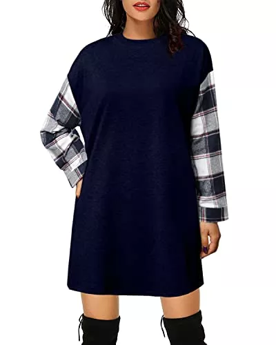 datasy Freizeit datasy Kleid Damen Winterkleid Strickkleider Langarm Kariert Hoodie Kleid für Damen Strickkleid Herbst Oversize Tunika Weihnachtskleid Pullover Sweatshirt