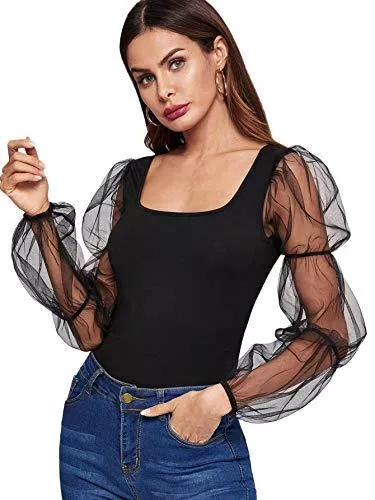 ROMWE Langarmblusen Romwe Damen Elegant Mesh Puffärmel Slim Fit Party Sommer Crop Bluse Tops