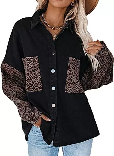 BLENCOT Pullover & Strickmode BLENCOT Damen Jeansjacke Leopard Pullover Patchwork Jacken Langarm Mäntel Demin Oberbekleidung Oversize Jean Bluse Button Down Strickjacke Casual Jacke S-XXL