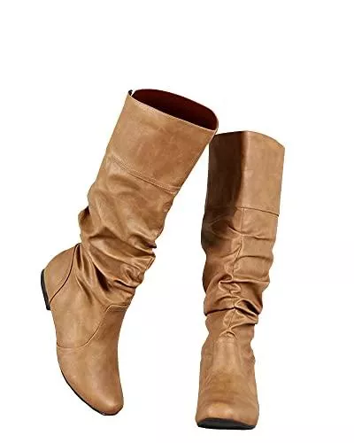 Syktkmx Stiefel Damen Winterstiefel kniehoch Fall breite Wade flache Manschetten Schuhe