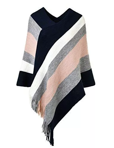 Ferand Strickjacken Ferand Gestreift Gestrickter Poncho Schal im Wickeldesign mit gefransten Seiten für Frauen