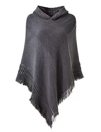 Ferand Pullover & Strickmode Ferand Damen Kapuzen Poncho mit Häkelborde, Cape für Frauen aus Strickmaterial mit Zierfransen