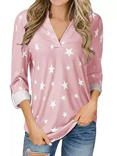 YOINS Langarmblusen YOINS Bluse Damen Oberteile Elegant Sexy Tops V-Ausschnitt Langarmshirt Star Print Hemd Casual Shirt Herbst Pullover