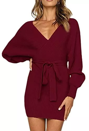 ZIYYOOHY Freizeit ZIYYOOHY Damen Elegant Strickkleid Pulloverkleid Tunika Kleid V-Ausschnitt Langarm Minikleid Mit Gürtel