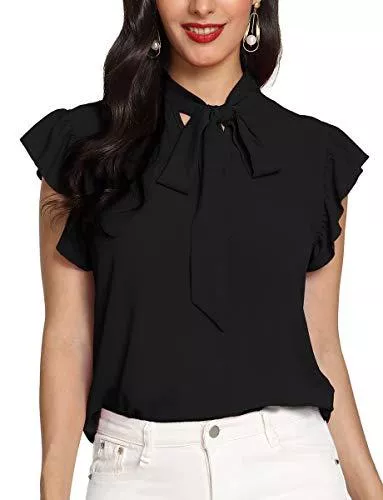ROMWE Ärmellose Blusen Romwe Damen Casual Kurzarm Rüschen Trim Fliege Bluse Top Shirts - Schwarz - Groß