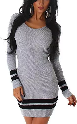 Jela London Freizeit Jela London Damen Feinstrick Strickkleid Stretch Longpulli Pullikleid Feinripp-Optik Streifen-Muster (36 38)