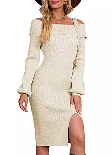 Vthereal Freizeit Vthereal Strickkleid Damen Pulloverkleid Schulterfrei Pullover Winterkleid Tunika Pulli Kleid Warme Lange sexy