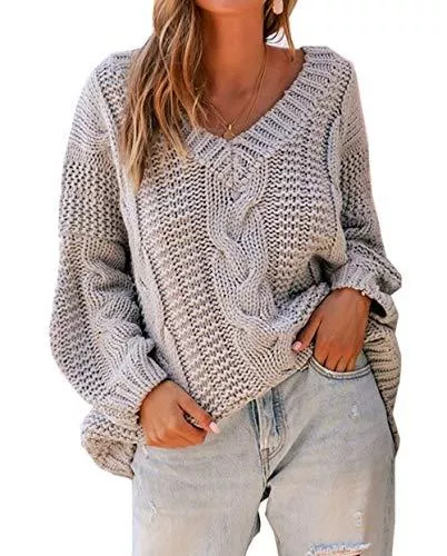ZIYYOOHY Pullover & Strickmode ZIYYOOHY Damen Grobstrick Strickpullover V-Ausschnitt Oversize Causal Langarmshirt Sweatshirt Pulli Outwear Mantel