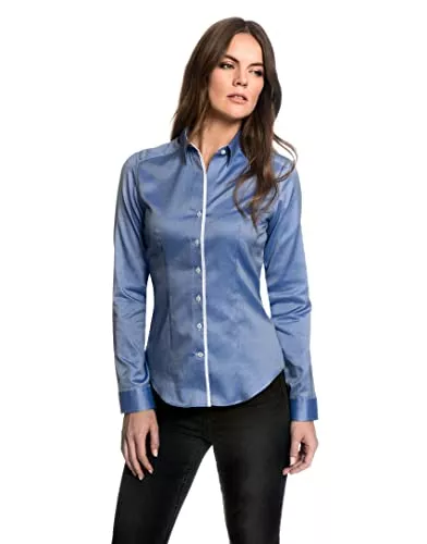 Embraer Blusen & Tuniken Embraer Damen Bluse 100% Baumwolle mit Kontrasteinlage Casual-fit - Normale Passform Langarm Hemdbluse elegant festlich Kent-Kragen auch für Business und unter Pullover