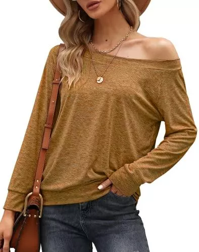 Odosalii Pullover & Strickmode Odosalii Longshirt Damen Oberteile Schulterfrei Tshirt Pullover Casual Kurzarm/Langarm Bluse Tunika Tops