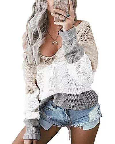 YOINS Pullover & Strickmode YOINS Oversize Pullover Damen Strickpullover Damen Off Shoulder Langarmshirt Schulterfrei V-Ausschnitt Causal T-Shirt